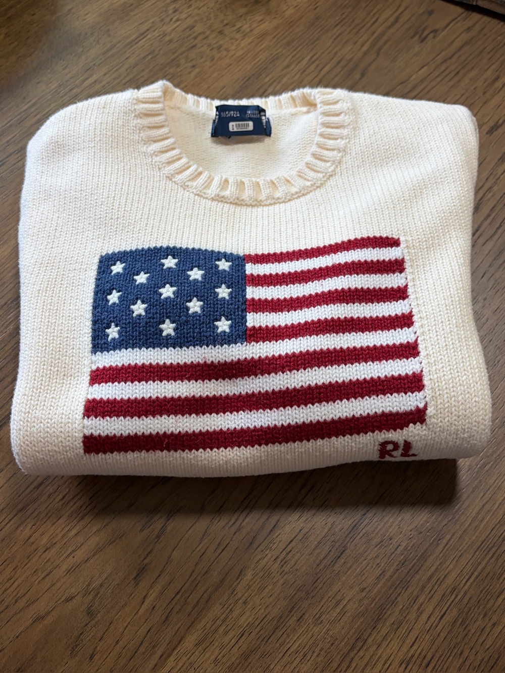 Ralph Lauren Cream Crewneck Sweater with Red & Blue Flag Motif